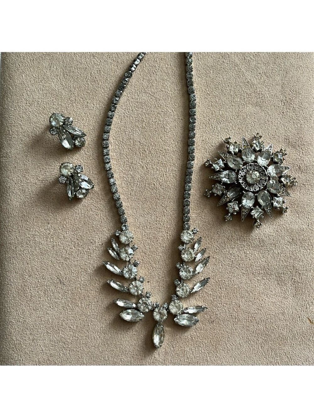 Vintage 1950’s Crystal Marquis Silver Necklace Clip Earrings and Brooch Set